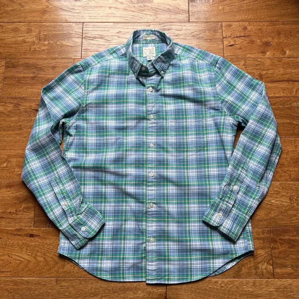 Plaid Broken In Oxford Slim Untucked Blue Green J.Crew Men's Medium